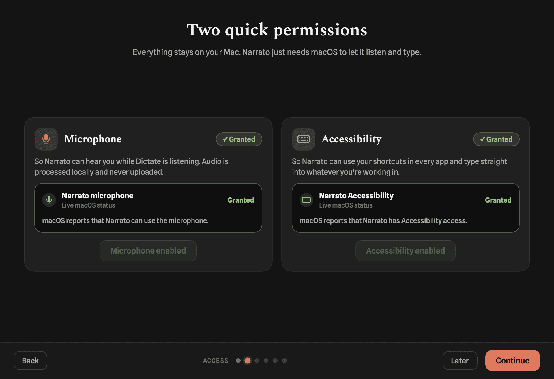 LessBetween's onboarding permissions screen with Microphone and Accessibility granted